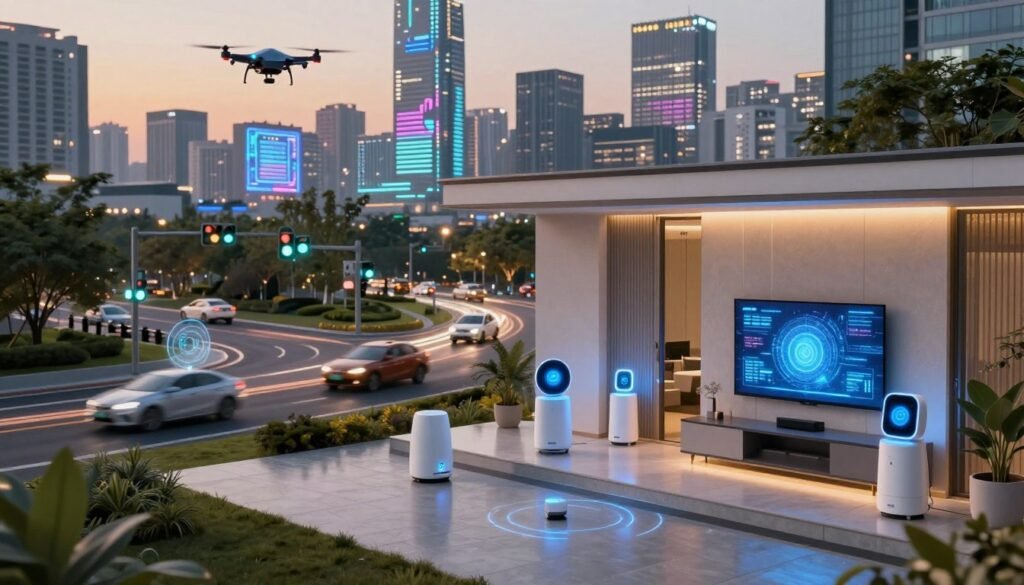 A futuristic landscape showcasing the integration of IoT and AI technology. In the foreground, a sleek, modern home filled with smart devices like AI assistants, interconnected appliances, and responsive displays, all glowing softly with a blue hue. In the middle ground, a bustling urban environment featuring smart traffic lights, drones monitoring the area, and IoT-connected vehicles navigating seamlessly. In the background, a digital skyline illuminated by vibrant screens and holograms displaying data analytics. The scene is bathed in warm, ambient lighting, creating a sense of harmony between technology and daily life. The mood is optimistic and innovative, reflecting the seamless connection between the physical and digital worlds, seen from a low-angle perspective to emphasize growth and advancement.