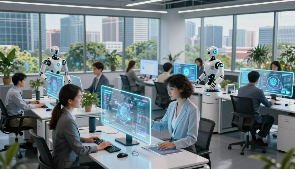 A futuristic office environment in 2026, focused on the integration of artificial intelligence in the workplace. In the foreground, a diverse group of professionals, including a woman in a smart business suit and a man in a casual, yet professional outfit, engaging with advanced AI interfaces on transparent screens. The middle ground features sleek, modular workstations with holographic displays and robotic assistants assisting employees. In the background, large windows showcase a vibrant city skyline, infused with greenery, symbolizing a harmonious blend of technology and nature. Soft, ambient lighting illuminates the scene, creating an optimistic and innovative atmosphere. The angle captures the dynamic interaction between humans and AI, emphasizing collaboration and productivity.