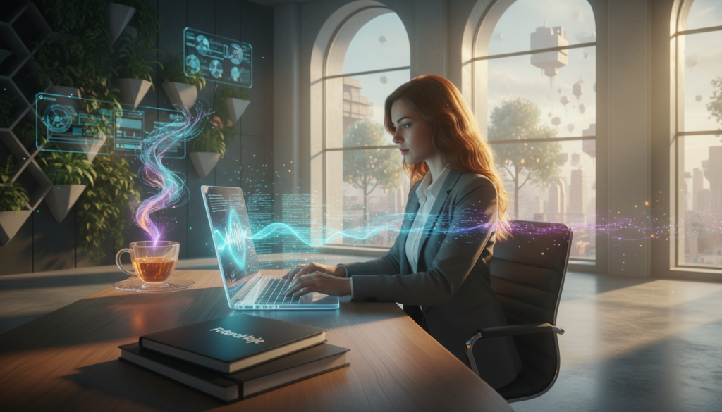 A modern office setting showcasing a woman in professional attire, deeply engaged in using a laptop with a prominent display showing Otter.ai’s interface, which features an audio waveform and text transcription. The foreground captures her focused expression as she types, with a cozy desk filled with notebooks and a coffee cup. In the middle ground, an ambient light filters through large windows, illuminating the workspace, enhancing a productive vibe. The background shows minimalist decor, with plants and framed art, suggesting a balanced work environment. Bright, natural lighting creates a positive atmosphere, conveying innovation and efficiency. The brand “FuturoHoje” is subtly represented through a stylish notebook on the desk, symbolizing the future of productivity. A modern office setting showcasing a woman in professional attire, deeply engaged in using a laptop with a prominent display showing Otter.ai’s interface, which features an audio waveform and text transcription. The foreground captures her focused expression as she types, with a cozy desk filled with notebooks and a coffee cup. In the middle ground, an ambient light filters through large windows, illuminating the workspace, enhancing a productive vibe. The background shows minimalist decor, with plants and framed art, suggesting a balanced work environment. Bright, natural lighting creates a positive atmosphere, conveying innovation and efficiency. The brand “FuturoHoje” is subtly represented through a stylish notebook on the desk, symbolizing the future of productivity.