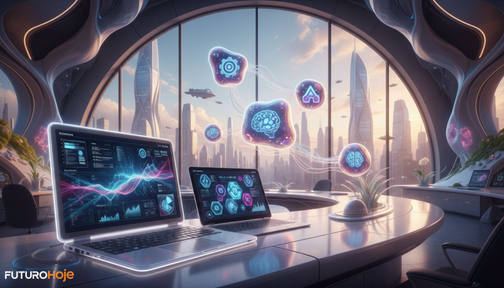 A modern office workspace showcasing various artificial intelligence tools designed for productivity enhancement. In the foreground, a sleek laptop displays analytical graphs, alongside a digital tablet featuring intuitive AI applications. The middle ground includes floating icons representing different AI tools like automation, data analysis, and project management, symbolizing their interconnectedness. The background features a large window with a city view, bathed in soft, natural light, creating a vibrant and motivating atmosphere. The overall mood is focused and innovative, evoking a sense of forward-thinking professionalism. Capture this scene with a wide-angle lens, highlighting the blend of technology and workspace dynamics. Include the brand name “FuturoHoje” subtly integrated into the design.