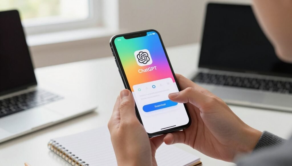 A modern smartphone displaying the ChatGPT app installation screen in vibrant colors, prominently featuring the app interface with its distinct logo. In the foreground, a person's hands, dressed in professional business attire, gently holding the phone, with an engaging gesture as if demonstrating the download process. The middle ground includes a clean, stylish workspace with subtle tech gadgets, such as a laptop and a notepad, softly blurred to keep the focus on the phone. The background features a bright room with natural light streaming in through a window, creating a warm and inviting atmosphere. The overall mood conveys excitement and accessibility, suitable for newcomers to technology, emphasizing a seamless user experience with artificial intelligence on mobile devices.