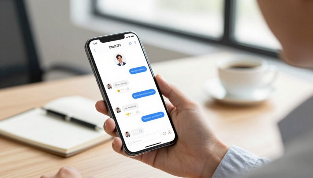 A modern smartphone displaying the ChatGPT interface, held in one hand by a person dressed in professional casual attire. The foreground showcases the phone's vibrant screen, featuring a chat conversation with an AI assistant in a sleek, user-friendly design. In the middle ground, a softly blurred desk with a notebook, a pen, and a cup of coffee adds context to the scene. The background illustrates a bright, inviting office environment with natural light streaming through a window, creating a warm atmosphere. The image should convey a sense of productivity and innovation, emphasizing the accessible use of AI on mobile devices. The perspective is slightly angled, capturing both the phone and the intriguing workspace in a visually engaging manner.