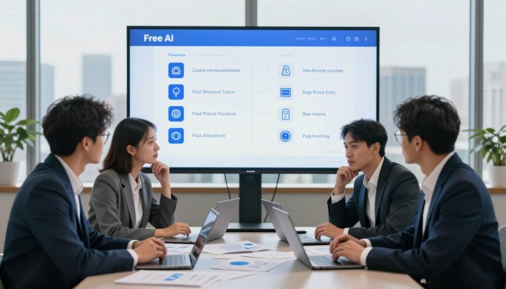 A conceptual illustration representing the challenges and limitations of free AI alternatives, set in a modern office environment. In the foreground, a diverse group of three professionals, dressed in business attire, are engaged in a serious discussion around a table cluttered with laptops and papers, displaying graphs and charts. In the middle ground, a large digital screen showcases a comparison of features between free and paid AI tools, with icons and visual indicators for limitations like slower processing and fewer features. In the background, a city skyline can be seen through large windows, bathed in soft daylight, symbolizing opportunity. The mood is contemplative yet hopeful, highlighting the contrast between innovation and the hurdles of free AI solutions. A conceptual illustration representing the challenges and limitations of free AI alternatives, set in a modern office environment. In the foreground, a diverse group of three professionals, dressed in business attire, are engaged in a serious discussion around a table cluttered with laptops and papers, displaying graphs and charts. In the middle ground, a large digital screen showcases a comparison of features between free and paid AI tools, with icons and visual indicators for limitations like slower processing and fewer features. In the background, a city skyline can be seen through large windows, bathed in soft daylight, symbolizing opportunity. The mood is contemplative yet hopeful, highlighting the contrast between innovation and the hurdles of free AI solutions.