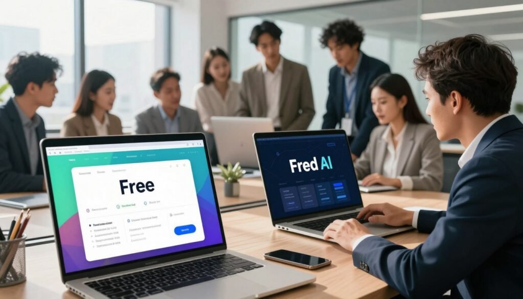 A detailed comparison of free and paid AI tools depicted in a visually engaging infographic-style image. In the foreground, a sleek laptop displays two side-by-side dashboards: one vibrant and colorful representing free AI tools, the other featuring a polished, sophisticated design for paid tools. In the middle ground, a diverse group of professionals, dressed in business attire, are intently discussing and analyzing the data on the screens. The background features a modern office environment with large windows that allow natural light to flood the space, casting soft shadows. The atmosphere should be dynamic yet professional, with a focus on innovation and collaboration, emphasizing the value of both free and paid AI solutions. The camera angle should be slightly elevated, providing an overview of the scene for a comprehensive visual impact. A detailed comparison of free and paid AI tools depicted in a visually engaging infographic-style image. In the foreground, a sleek laptop displays two side-by-side dashboards: one vibrant and colorful representing free AI tools, the other featuring a polished, sophisticated design for paid tools. In the middle ground, a diverse group of professionals, dressed in business attire, are intently discussing and analyzing the data on the screens. The background features a modern office environment with large windows that allow natural light to flood the space, casting soft shadows. The atmosphere should be dynamic yet professional, with a focus on innovation and collaboration, emphasizing the value of both free and paid AI solutions. The camera angle should be slightly elevated, providing an overview of the scene for a comprehensive visual impact.