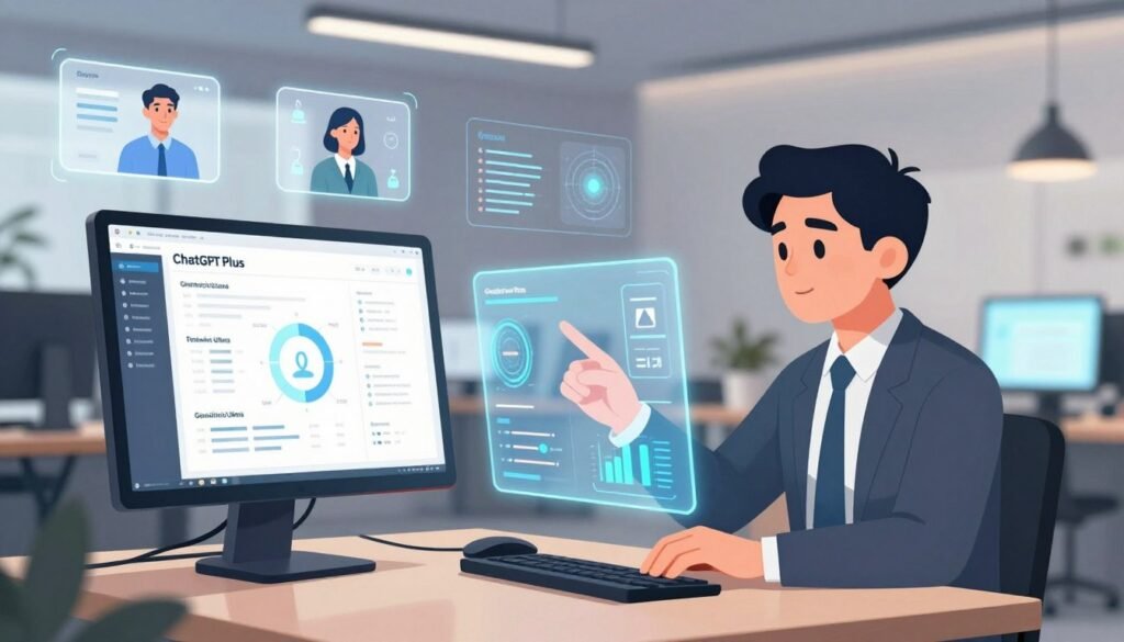 A futuristic digital workspace highlighting the features of ChatGPT Plus and Gemini Ultra. In the foreground, a sleek computer monitor displays an advanced user interface with AI-driven insights. Beside it, a professional-looking person in business attire, absorbed in their work, interacts with a holographic projection of data points and charts. The middle layer features subtle imagery representing AI applications, such as virtual assistants, smart analytics, and collaborative tools, blended harmoniously. In the background, a modern office with soft ambient lighting and minimalist decor enhances the tech atmosphere, hinting at innovation and productivity. The mood is focused and forward-looking, evoking a sense of advancement and possibility in AI technology.