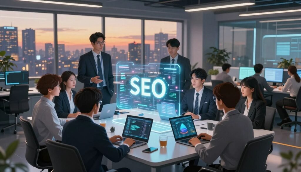 A futuristic digital workspace showcasing the concept of SEO in 2026. In the foreground, a diverse group of professionals in business attire are engaged in a collaborative discussion around a holographic display of contextual keywords and data entities. The middle ground features a sleek table with laptops and digital tools, illustrating the synergy between technology and human creativity. The background is filled with a high-tech office environment, with large windows revealing a city skyline at dusk, providing warm, ambient light. The atmosphere is innovative and collaborative, focusing on the seamless integration of SEO strategies into content creation. Use a wide-angle lens to capture depth and dynamism in the workspace. A futuristic digital workspace showcasing the concept of SEO in 2026. In the foreground, a diverse group of professionals in business attire are engaged in a collaborative discussion around a holographic display of contextual keywords and data entities. The middle ground features a sleek table with laptops and digital tools, illustrating the synergy between technology and human creativity. The background is filled with a high-tech office environment, with large windows revealing a city skyline at dusk, providing warm, ambient light. The atmosphere is innovative and collaborative, focusing on the seamless integration of SEO strategies into content creation. Use a wide-angle lens to capture depth and dynamism in the workspace.