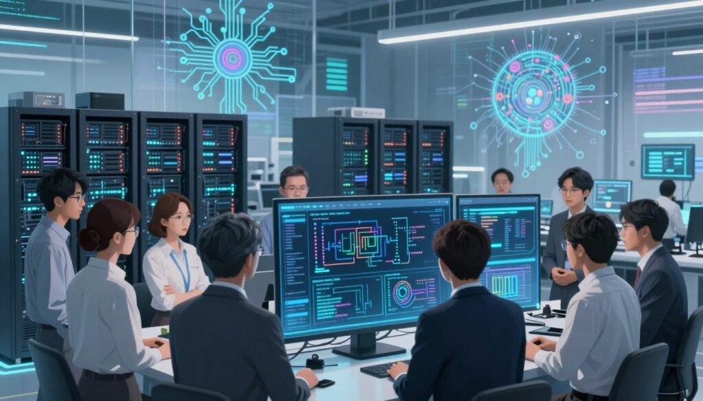 A futuristic, high-tech laboratory setting showcasing optimization and compression techniques for small language models. In the foreground, a diverse group of professionals in smart business attire is gathered around a digital display, analyzing complex algorithms and data visualizations. The middle layer features sleek server racks and powerful computing devices, with glowing LED indicators and circuit patterns. The background is filled with abstract representations of neural networks and compressed data streams, symbolizing efficiency and speed. Bright, cool lighting accentuates the high-tech atmosphere, while a slight depth of field effect focuses attention on the experts at work. The overall mood is one of innovation, collaboration, and technological advancement in AI. A futuristic, high-tech laboratory setting showcasing optimization and compression techniques for small language models. In the foreground, a diverse group of professionals in smart business attire is gathered around a digital display, analyzing complex algorithms and data visualizations. The middle layer features sleek server racks and powerful computing devices, with glowing LED indicators and circuit patterns. The background is filled with abstract representations of neural networks and compressed data streams, symbolizing efficiency and speed. Bright, cool lighting accentuates the high-tech atmosphere, while a slight depth of field effect focuses attention on the experts at work. The overall mood is one of innovation, collaboration, and technological advancement in AI.