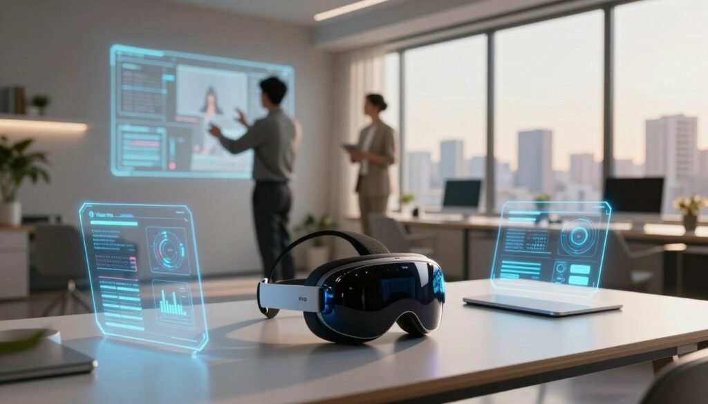 A futuristic home office environment showcasing the concept of "Vision Pro" technology. In the foreground, a sleek, high-tech headset rests on a modern desk, surrounded by holographic interfaces displaying data and virtual reality elements. In the middle ground, a professional in smart casual attire interacts with virtual screens, projecting an image of productivity and innovation. The background features a contemporary home office with large windows revealing an urban skyline, bathed in warm, natural light. Use a lens that captures sharp details, creating an immersive atmosphere that conveys excitement and forward-thinking ideas. The overall mood should be inspiring, highlighting the transformative power of spatial computing in everyday workspaces.