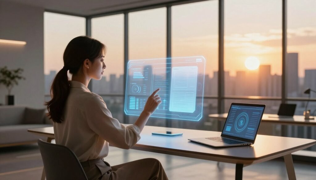 A futuristic home office seamlessly integrating augmented reality into the workspace. In the foreground, a professional woman in smart casual attire interacts with floating holographic screens displaying data and virtual documents. The middle ground features a sleek modern desk with minimalist design elements and smart technology, such as a laptop and virtual interface devices. In the background, large windows offer a panoramic view of a vibrant city skyline, with the sunset casting warm, golden light that creates a welcoming atmosphere. Soft, ambient lighting highlights the high-tech elements, while a slight lens flare adds a dynamic touch. The overall mood is inspiring and innovative, showcasing the transformative impact of spatial computing on work environments by 2027.