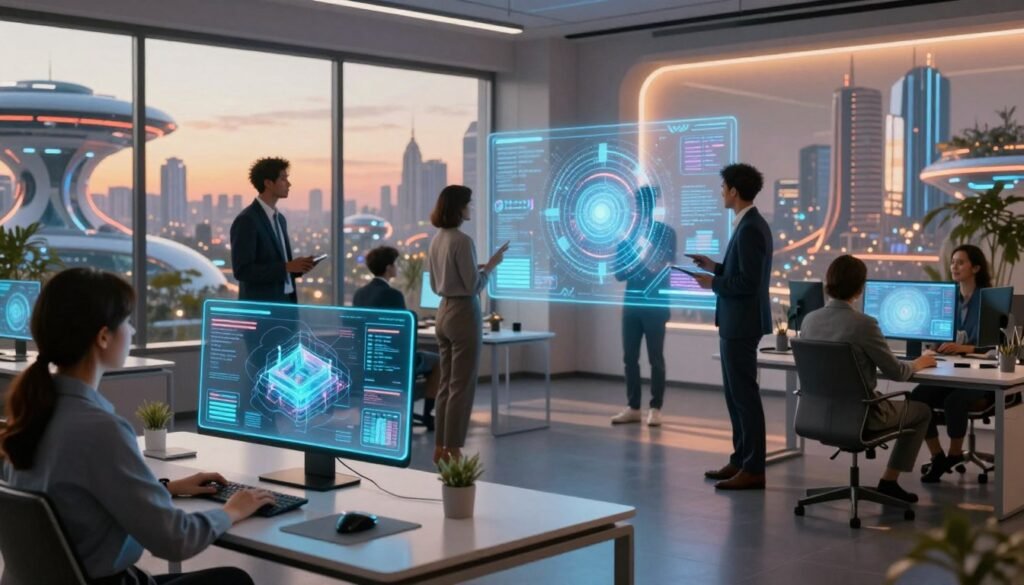 A futuristic home office setting infused with spatial computing and artificial intelligence. In the foreground, a sleek, modern workstation with a holographic interface displaying intricate 3D models and virtual data streams. In the middle ground, a diverse group of professionals, dressed in smart business attire, collaborate around a floating digital screen surrounded by vibrant data projections. The background features a large window revealing a panoramic view of a futuristic city with advanced technology blending seamlessly into nature. Soft, ambient lighting highlights the high-tech elements while creating a warm, inviting atmosphere. A dynamic interplay of cool blues and warm oranges conveys innovation and collaboration, emphasizing the synergy between AI and spatial computing in reshaping work environments.