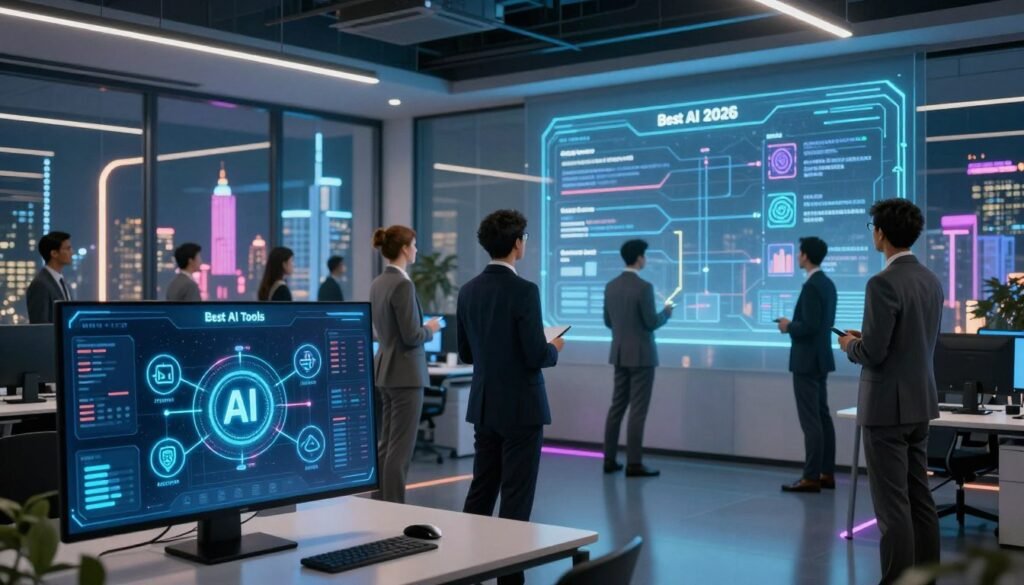 A futuristic office environment showcasing a comparison of the best AI tools of 2026. In the foreground, a sleek digital dashboard displays various AI icons and analytics, with glowing lines connecting them to indicate their capabilities. The middle ground features a diverse group of professionals in business attire, standing around a holographic display that highlights the comparisons between the tools. The background includes a modern office with panoramic windows showcasing a bustling cityscape, illuminated by vibrant neon lights. Soft, ambient lighting creates a professional yet innovative atmosphere, while a wide-angle lens captures the depth of the scene. Focus on clarity and detail, ensuring a polished and insightful visual representation of AI technology in use. A futuristic office environment showcasing a comparison of the best AI tools of 2026. In the foreground, a sleek digital dashboard displays various AI icons and analytics, with glowing lines connecting them to indicate their capabilities. The middle ground features a diverse group of professionals in business attire, standing around a holographic display that highlights the comparisons between the tools. The background includes a modern office with panoramic windows showcasing a bustling cityscape, illuminated by vibrant neon lights. Soft, ambient lighting creates a professional yet innovative atmosphere, while a wide-angle lens captures the depth of the scene. Focus on clarity and detail, ensuring a polished and insightful visual representation of AI technology in use.