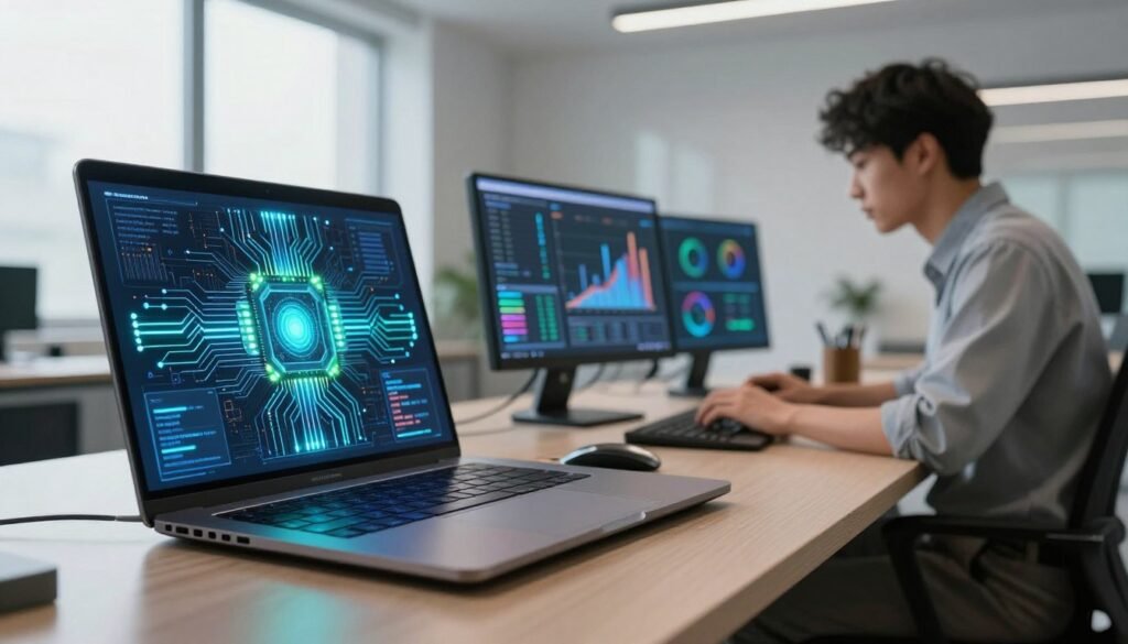 A futuristic workspace showcasing advanced AI hardware innovations in high-resolution detail. In the foreground, a sleek, modern laptop with intricate circuitry illuminated by cool blue and green LED lights, symbolizing cutting-edge technology. The middle section features a digital interface displaying graphs and data analytics, emphasizing local AI processing capabilities. In the background, a minimalistic office space with soft lighting and a large window letting in natural light, giving an airy feel. A professional user in smart casual attire is engaged with the laptop, focused and immersed in their work. The atmosphere is dynamic and inspiring, hinting at a vibrant future in technology and intelligent computing.