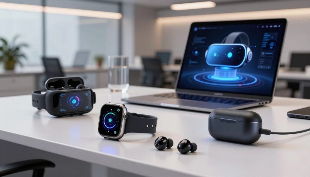 A futuristic workspace showcasing an array of portable gadgets and wearables, prominently featuring a sleek smartwatch, advanced wireless earbuds, and a compact AI-powered handheld device. In the foreground, the smartwatch displays high-tech features on its vibrant screen, while the earbuds are elegantly placed beside it. The middle ground includes a stylish laptop with augmented reality capabilities, hinting at interaction with the wearables. The background is a modern office environment with soft, ambient lighting that reflects innovation and efficiency. The atmosphere is inspiring and professional, emphasizing the interplay of technology and daily life. The scene is captured with a wide-angle lens to enhance depth, showcasing the gadgets as essential tools of modern productivity.