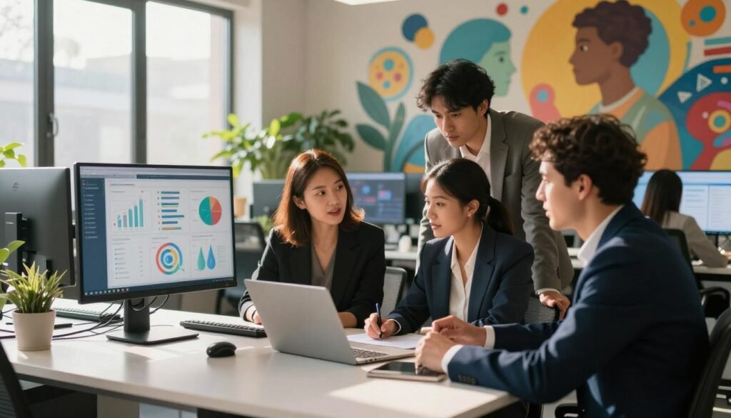 A harmonious workspace showcasing the integration of productivity and humanization. In the foreground, a diverse group of three professionals—one woman and two men—wearing smart business attire, are collaborating around a sleek, modern table, discussing ideas with engaging expressions. In the middle background, there are digital screens displaying data analytics and social media strategies, interspersed with plants that add a human touch to the environment. Soft natural lighting streams through large windows, casting warm shadows, creating a calm yet dynamic atmosphere. The background features a colorful mural illustrating the intersection of technology and humanity, symbolizing the balance between efficiency and empathy in the workplace. The overall mood is collaborative and inspiring, emphasizing innovation through human connection. A harmonious workspace showcasing the integration of productivity and humanization. In the foreground, a diverse group of three professionals—one woman and two men—wearing smart business attire, are collaborating around a sleek, modern table, discussing ideas with engaging expressions. In the middle background, there are digital screens displaying data analytics and social media strategies, interspersed with plants that add a human touch to the environment. Soft natural lighting streams through large windows, casting warm shadows, creating a calm yet dynamic atmosphere. The background features a colorful mural illustrating the intersection of technology and humanity, symbolizing the balance between efficiency and empathy in the workplace. The overall mood is collaborative and inspiring, emphasizing innovation through human connection.