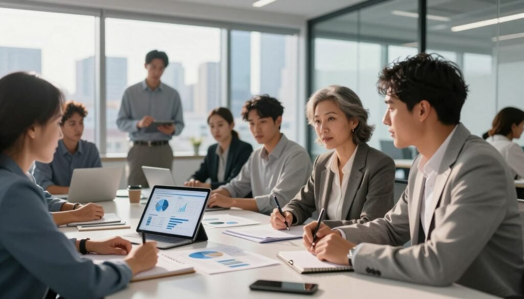A modern and dynamic office setting, showcasing a diverse group of professionals engaged in a collaborative discussion around a large table covered with documents, graphs, and digital devices. The foreground features a middle-aged woman presenting a case study on a sleek tablet, while a young man takes notes. In the background, glass windows reveal a city skyline bathed in warm sunlight, enhancing the productive atmosphere. Soft lighting illuminates the room, highlighting the focus on teamwork and analysis. The image exudes a mood of innovation and professionalism, emphasizing real-world case studies and practical examples in business. Capture the essence of learning and growth without any text or branding elements. A modern and dynamic office setting, showcasing a diverse group of professionals engaged in a collaborative discussion around a large table covered with documents, graphs, and digital devices. The foreground features a middle-aged woman presenting a case study on a sleek tablet, while a young man takes notes. In the background, glass windows reveal a city skyline bathed in warm sunlight, enhancing the productive atmosphere. Soft lighting illuminates the room, highlighting the focus on teamwork and analysis. The image exudes a mood of innovation and professionalism, emphasizing real-world case studies and practical examples in business. Capture the essence of learning and growth without any text or branding elements.