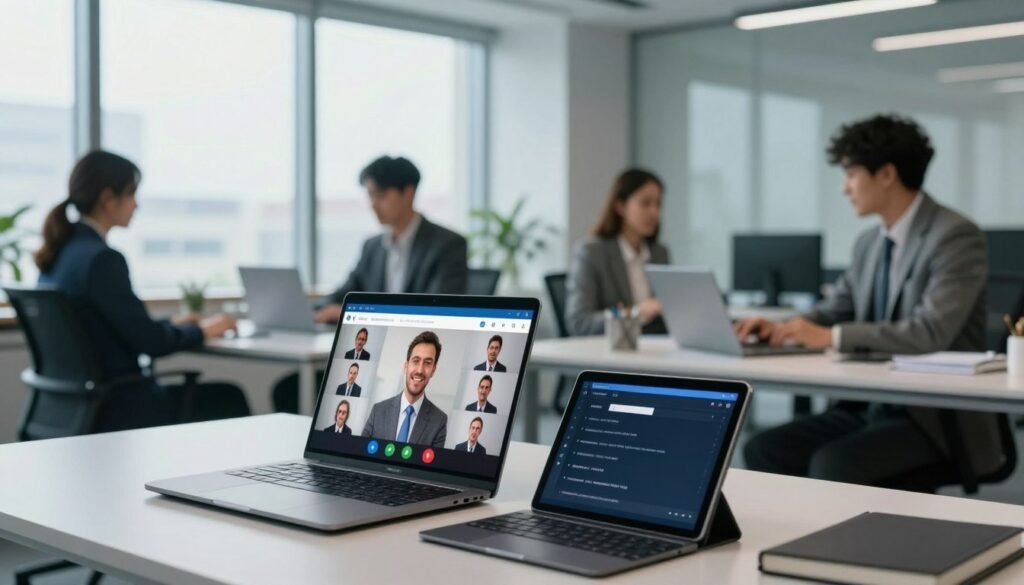 A modern corporate office environment showcasing seamless integration between video conferencing tools like Zoom and Google Meet with various complementary software applications. In the foreground, a sleek desk with a laptop open to a video call, while a digital tablet displays an automatic transcription feature. The middle ground features professionals in business attire engaging with the technology, collaborating effectively. In the background, large windows let in natural light, creating a bright and inviting atmosphere. Soft blue and gray tones dominate the color palette, reflecting a focused yet collaborative mood. The scene is captured with a slightly tilted angle to emphasize dynamism, utilizing soft, diffused lighting to enhance details without glare. A modern corporate office environment showcasing seamless integration between video conferencing tools like Zoom and Google Meet with various complementary software applications. In the foreground, a sleek desk with a laptop open to a video call, while a digital tablet displays an automatic transcription feature. The middle ground features professionals in business attire engaging with the technology, collaborating effectively. In the background, large windows let in natural light, creating a bright and inviting atmosphere. Soft blue and gray tones dominate the color palette, reflecting a focused yet collaborative mood. The scene is captured with a slightly tilted angle to emphasize dynamism, utilizing soft, diffused lighting to enhance details without glare.