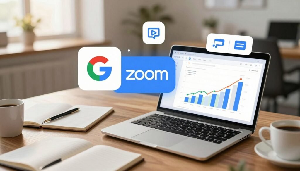 A modern digital workspace showcasing the analysis of resources and functionalities of online meeting platforms. In the foreground, a sleek laptop with a graph displaying performance metrics and user engagement is open, surrounded by notes and a coffee cup, symbolizing productivity. In the middle, an abstract representation of the Google Meet and Zoom logos intertwined with icons representing features like screen sharing, recording, and transcription tools. The background features a blurred office environment with warm lighting, creating a professional and inviting atmosphere. The overall mood conveys innovation and efficiency, with an emphasis on collaboration. The image should be well-composed, capturing a bird's-eye view to provide depth and context without any text or distractions. reuniões