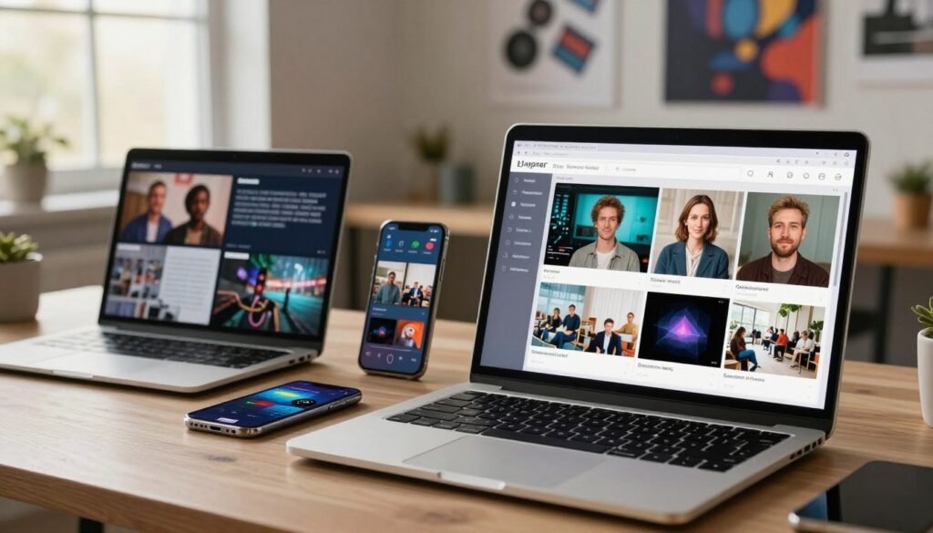 A modern digital workspace showcasing the technical aspects and functionalities of AI tools for recovering old photos and videos. In the foreground, feature a sleek laptop displaying a user-friendly AI interface, with vibrant visualizations of enhanced images. The middle ground includes various digital devices such as a smartphone and a tablet, displaying before-and-after comparisons of restored images. In the background, a softly blurred workspace with motivational posters about technology and creativity, illuminated by warm, natural lighting filtering through a window. The atmosphere is innovative and professional, evoking a sense of inspiration and progress in digital restoration. Capture the scene from a slightly elevated angle to provide a comprehensive view of the workspace setup.