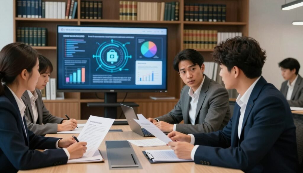 A modern office environment showcasing a group of diverse professionals engaged in a discussion about social media policies and legislation regarding deepfakes. In the foreground, two individuals, one male and one female, both dressed in professional business attire, are analyzing documents on a sleek conference table. The middle ground features a large screen displaying a visual representation of deepfake technology and its implications, surrounded by charts and graphs. In the background, bookshelves filled with law books and digital security resources create an intellectual atmosphere. The lighting is bright yet soft, creating a focused and serious mood, while the angle is slightly above eye level to capture the dynamic interaction among the group. A modern office environment showcasing a group of diverse professionals engaged in a discussion about social media policies and legislation regarding deepfakes. In the foreground, two individuals, one male and one female, both dressed in professional business attire, are analyzing documents on a sleek conference table. The middle ground features a large screen displaying a visual representation of deepfake technology and its implications, surrounded by charts and graphs. In the background, bookshelves filled with law books and digital security resources create an intellectual atmosphere. The lighting is bright yet soft, creating a focused and serious mood, while the angle is slightly above eye level to capture the dynamic interaction among the group.