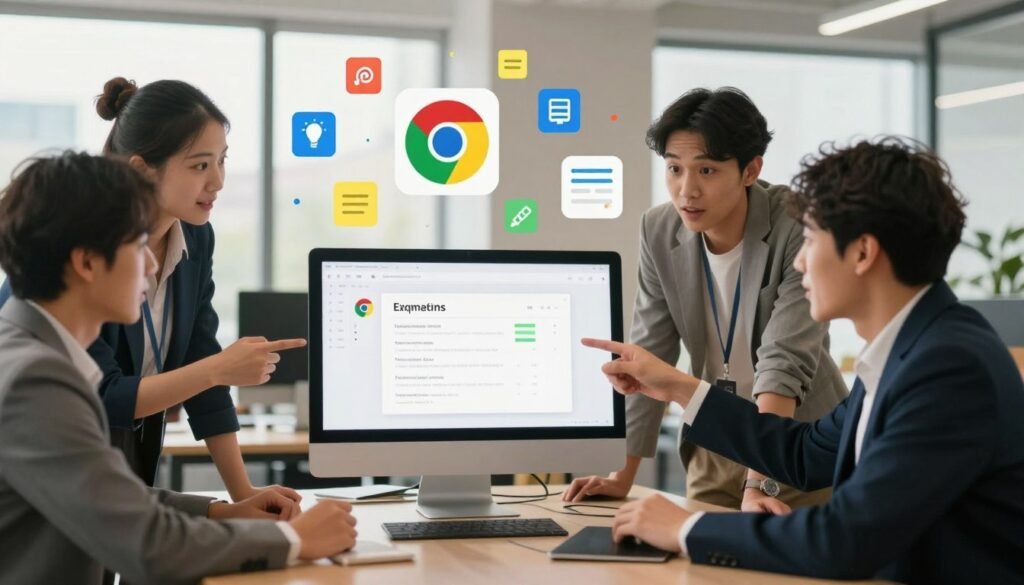 A modern office workspace with a sleek desk, featuring a computer screen displaying Chrome extensions for productivity. In the foreground, a diverse group of professionals in business attire, engaged in a focused discussion, pointing towards the screen with expressions of curiosity and excitement. The middle ground includes visually appealing icons of various Chrome extensions, illustrating ideas like task management, time tracking, and note-taking, arranged in a visually striking manner. The background shows a bright office setting with large windows letting in natural light, creating an inspiring atmosphere. The overall mood is collaborative and dynamic, emphasizing innovation and practical solutions for productivity enhancement. Use a warm color palette with soft shadows for a professional yet welcoming feel. A modern office workspace with a sleek desk, featuring a computer screen displaying Chrome extensions for productivity. In the foreground, a diverse group of professionals in business attire, engaged in a focused discussion, pointing towards the screen with expressions of curiosity and excitement. The middle ground includes visually appealing icons of various Chrome extensions, illustrating ideas like task management, time tracking, and note-taking, arranged in a visually striking manner. The background shows a bright office setting with large windows letting in natural light, creating an inspiring atmosphere. The overall mood is collaborative and dynamic, emphasizing innovation and practical solutions for productivity enhancement. Use a warm color palette with soft shadows for a professional yet welcoming feel.