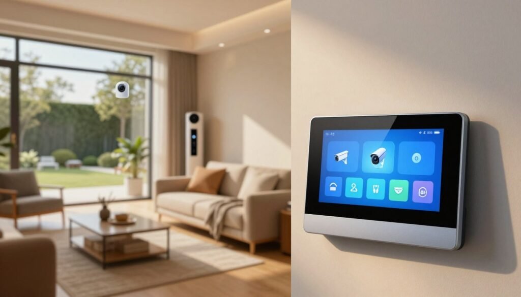 A modern smart home interior showcasing integrated security systems. In the foreground, a sleek control panel featuring a touchscreen with vibrant icons depicting various security features, such as surveillance cameras and alarms. The middle ground showcases a living room with smart devices, including smart locks and motion sensors, subtly integrated into the decor. In the background, large windows reveal a well-lit yard with outdoor cameras discreetly installed. Warm, ambient lighting creates a safe and inviting atmosphere, while soft shadows add depth. The perspective is slightly elevated, capturing the space’s connectivity and modern design. The overall mood conveys security, innovation, and comfort.