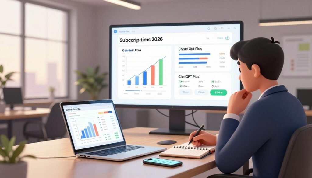 A modern, sophisticated workspace featuring a sleek desk with a laptop displaying graphs and pricing plans, highlighting subscription options for digital services. In the foreground, a person in professional business attire thoughtfully analyzes the data, surrounded by a notepad and a smartphone showing alerts and notifications. The middle ground showcases a large whiteboard or screen with visually appealing charts comparing different subscription models, including pricing flags for Gemini Ultra and ChatGPT Plus. The background features soft ambient lighting, with tall windows letting in natural light that casts a warm glow throughout the office. The overall mood is focused and analytical, emphasizing decision-making on subscription value in 2026. The scene captures a blend of technology and professionalism without any text or distractions.