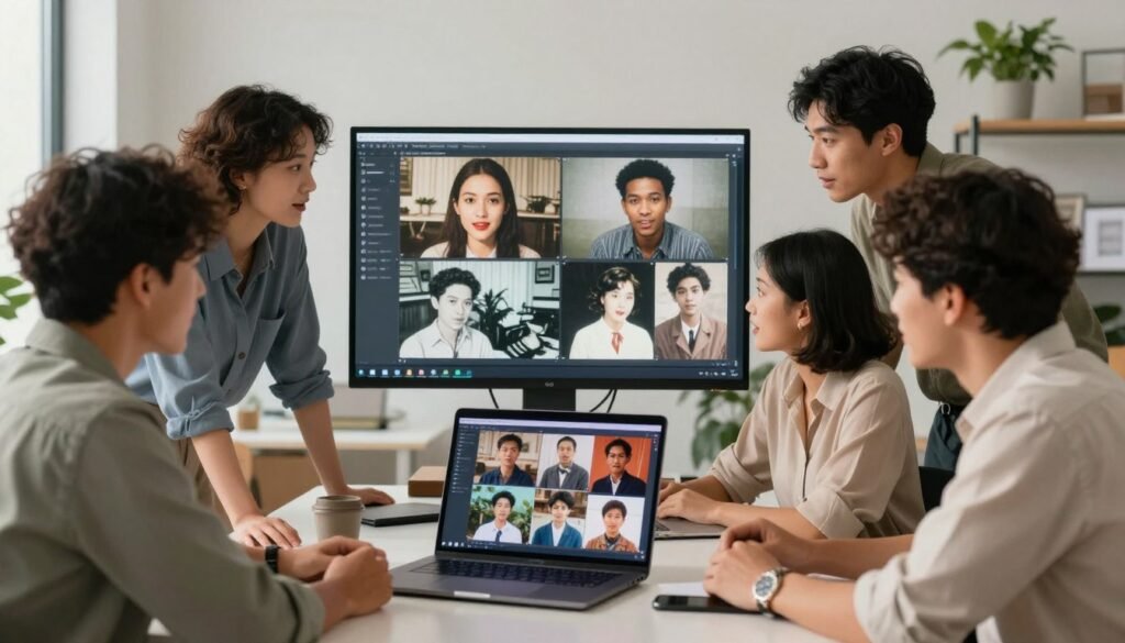 A modern, visually engaging workspace illustrating the practical uses of AI tools for recovering old photos and videos. In the foreground, a diverse group of professionals dressed in smart casual attire are gathered around a sleek, high-tech laptop displaying vibrant images of restored vintage photographs. In the middle ground, a large touchscreen monitor showcases before-and-after comparisons of recovered images, emphasizing clarity and detail. The background features a bright, minimalist office with plants and modern decor, creating an inviting atmosphere. Soft, warm lighting highlights the subjects’ expressions of excitement and curiosity, capturing a collaborative and innovative mood. The overall composition should inspire a sense of hope and creativity in utilizing AI technology for preserving memories.