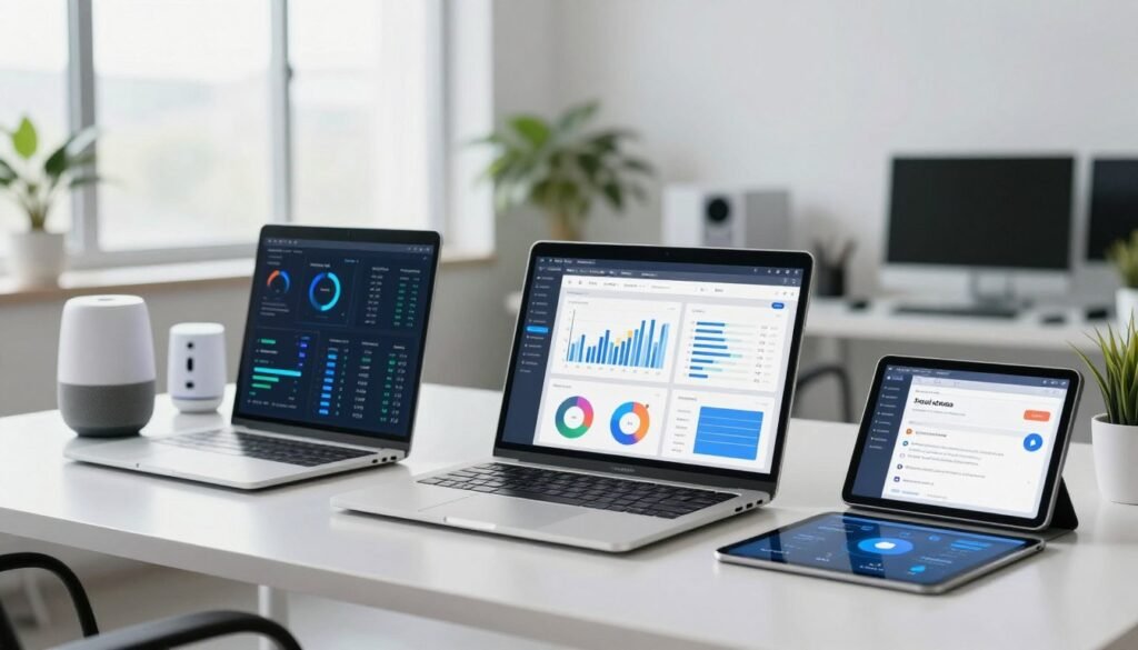 A modern workspace featuring advanced data analysis and automation tools. In the foreground, a sleek laptop displaying graphs and charts related to social media analytics, with a digital dashboard showcasing real-time data insights. Beside it, a tablet with a user-friendly interface for scheduling posts. In the middle ground, a well-organized desk with various automation tools, like smart speakers and AI gadgets. The background is softly blurred, featuring a bright, minimalistic office with plants and large windows allowing natural light to flood the space. The atmosphere is professional yet inviting, suggesting efficiency and innovation in social media management. The scene is captured with a wide-angle lens, emphasizing depth and clarity. Automatizar