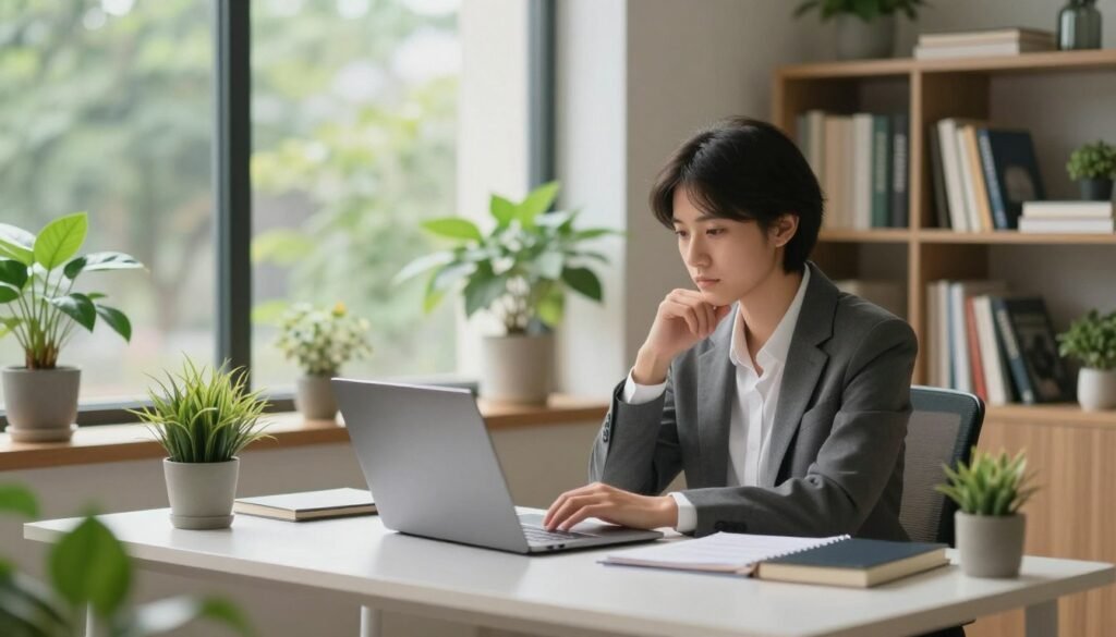 A serene workspace illustrating the concept of online well-being. In the foreground, a person in professional attire sits calmly at a sleek, modern desk, engaging thoughtfully with a laptop, surrounded by greenery. The middle ground features soft, natural light filtering through a large window, with plants and calming decor emphasizing a harmonious atmosphere. In the background, an organized bookshelf filled with books on mental health and technology adds depth to the scene. The mood conveys a sense of balance and mindfulness, contrasting the potential overwhelm of excessive technology use. The composition should highlight the importance of maintaining mental and emotional well-being in a digital age, set in a clean, harmonious environment. A serene workspace illustrating the concept of online well-being. In the foreground, a person in professional attire sits calmly at a sleek, modern desk, engaging thoughtfully with a laptop, surrounded by greenery. The middle ground features soft, natural light filtering through a large window, with plants and calming decor emphasizing a harmonious atmosphere. In the background, an organized bookshelf filled with books on mental health and technology adds depth to the scene. The mood conveys a sense of balance and mindfulness, contrasting the potential overwhelm of excessive technology use. The composition should highlight the importance of maintaining mental and emotional well-being in a digital age, set in a clean, harmonious environment.