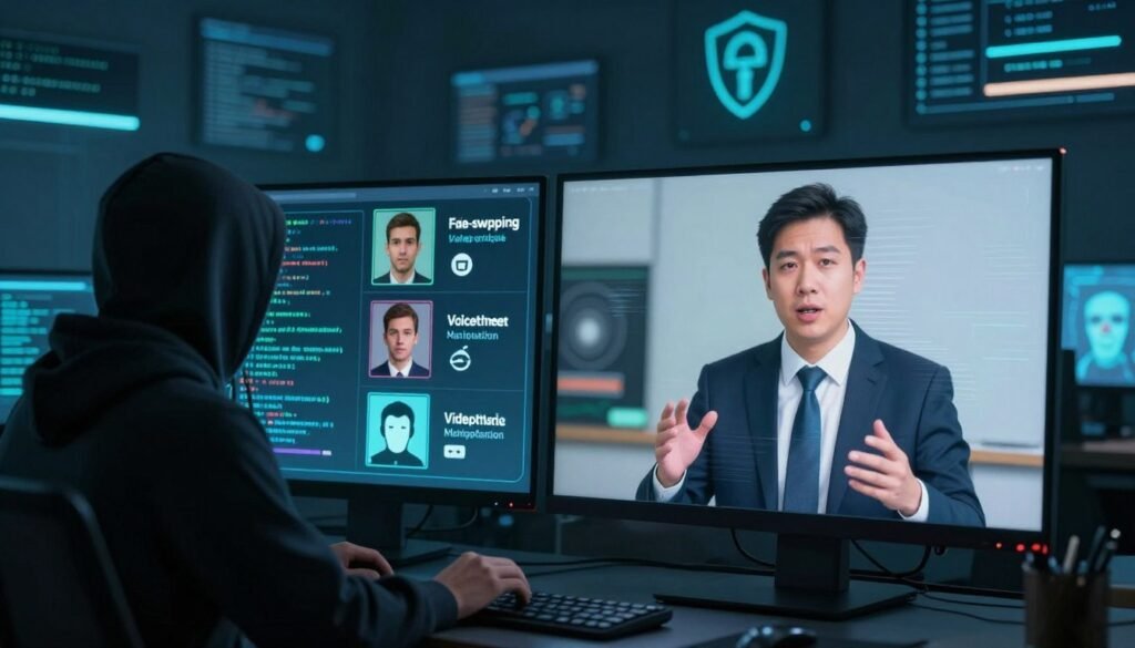 A split-scene illustration showcasing common types of deepfake attacks. In the foreground, a computer screen displays a realistic deepfake video of a business professional giving a speech, with noticeable distortion effects. To the left, a silhouette of a hacker manipulating software, surrounded by code and digital artifacts. The middle section features an infographic-style representation of different deepfake types, like face-swapping, voice synthesis, and video manipulation, with icons symbolizing each type. The background depicts a dimly lit room filled with digital screens and cyber security symbols, creating a tense and unsettling atmosphere. Soft blue and green lighting adds a techy vibe, highlighting the seriousness of the threats in digital security. The overall mood reflects both the sophistication and the danger of deepfake technology. A split-scene illustration showcasing common types of deepfake attacks. In the foreground, a computer screen displays a realistic deepfake video of a business professional giving a speech, with noticeable distortion effects. To the left, a silhouette of a hacker manipulating software, surrounded by code and digital artifacts. The middle section features an infographic-style representation of different deepfake types, like face-swapping, voice synthesis, and video manipulation, with icons symbolizing each type. The background depicts a dimly lit room filled with digital screens and cyber security symbols, creating a tense and unsettling atmosphere. Soft blue and green lighting adds a techy vibe, highlighting the seriousness of the threats in digital security. The overall mood reflects both the sophistication and the danger of deepfake technology.