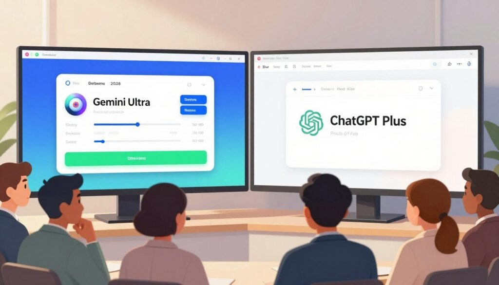 A split-screen image showcasing a comparative user interface experience between Gemini Ultra and ChatGPT Plus in 2026. The left side displays Gemini Ultra with a sleek, modern design featuring vibrant colors and intuitive navigation elements, including buttons and sliders in bright blues and greens. The right side showcases ChatGPT Plus, featuring a more minimalist aesthetic with elegant whites and soft pastels, emphasizing clarity and simplicity. In the foreground, a diverse group of professionals in business attire observes the interfaces with expressions of interest and contemplation. Use natural lighting to create a warm, inviting atmosphere, with a focus on the screens and user interactions. The perspective should be slightly elevated, providing a comprehensive view of both interfaces, highlighting their design elements without any text or branding.