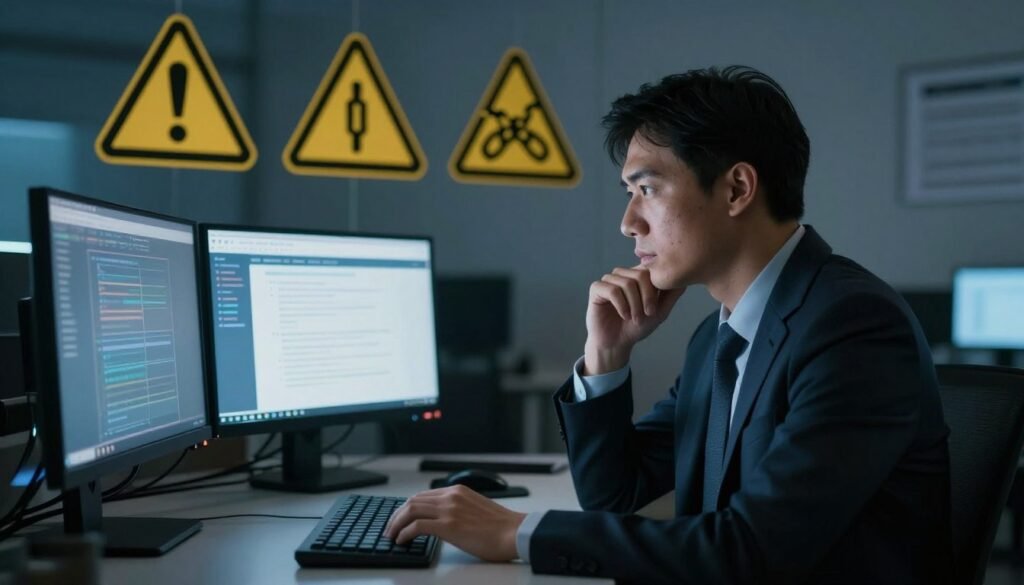A thoughtful representation of the dangers of excessive AI usage. In the foreground, a professional individual sits at a desk, gazing intently at multiple screens filled with AI-related content, conveying a sense of obsession. Their attire is business formal, accentuating seriousness. In the middle ground, illustrations of warning signs like caution symbols and broken chains symbolize the dangers of addiction and over-reliance on technology. In the background, a dimly lit room creates an atmosphere of isolation, with soft blue ambient lighting casting subtle shadows, illustrating the emotional weight of the subject. The overall mood is cautious and contemplative, highlighting the importance of balance with technology. A shallow depth of field enhances focus on the individual while maintaining a clear view of the warning signs. A thoughtful representation of the dangers of excessive AI usage. In the foreground, a professional individual sits at a desk, gazing intently at multiple screens filled with AI-related content, conveying a sense of obsession. Their attire is business formal, accentuating seriousness. In the middle ground, illustrations of warning signs like caution symbols and broken chains symbolize the dangers of addiction and over-reliance on technology. In the background, a dimly lit room creates an atmosphere of isolation, with soft blue ambient lighting casting subtle shadows, illustrating the emotional weight of the subject. The overall mood is cautious and contemplative, highlighting the importance of balance with technology. A shallow depth of field enhances focus on the individual while maintaining a clear view of the warning signs.