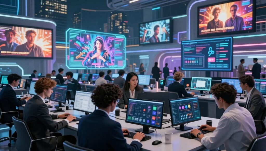 A vibrant and dynamic scene showcasing various applications of artificial intelligence in entertainment and advertising. In the foreground, a diverse group of professionals in smart business attire are engaged in brainstorming sessions, analyzing data on sleek digital devices. The middle ground features holographic displays projecting interactive AI-generated art, movie trailers, and real-time social media analytics. In the background, a futuristic cityscape is visible, with digital billboards showcasing AI-enhanced advertisements. The atmosphere is lively and innovative, illuminated by soft, colorful lighting that highlights the cutting-edge technology. The perspective is slightly elevated, capturing the hustle and excitement of a tech-driven entertainment hub. A vibrant and dynamic scene showcasing various applications of artificial intelligence in entertainment and advertising. In the foreground, a diverse group of professionals in smart business attire are engaged in brainstorming sessions, analyzing data on sleek digital devices. The middle ground features holographic displays projecting interactive AI-generated art, movie trailers, and real-time social media analytics. In the background, a futuristic cityscape is visible, with digital billboards showcasing AI-enhanced advertisements. The atmosphere is lively and innovative, illuminated by soft, colorful lighting that highlights the cutting-edge technology. The perspective is slightly elevated, capturing the hustle and excitement of a tech-driven entertainment hub.