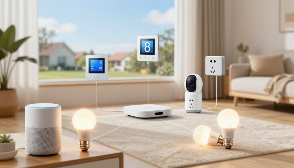 A visually engaging step-by-step guide illustration of a smart home setup. In the foreground, a tidy living room featuring a modern smart speaker and smart light bulbs glowing softly. In the middle ground, a detailed diagram showing different smart devices like a thermostat, security camera, and smart plugs, arranged systematically around a central hub. In the background, a large window revealing a suburban setting with a clear blue sky. The ambiance is bright and welcoming, with natural light filtering in, creating a warm, inviting atmosphere. Capture the scene from a slightly elevated angle, emphasizing both the devices and the comfortable room setting to evoke a sense of ease and modernity in technology adoption.