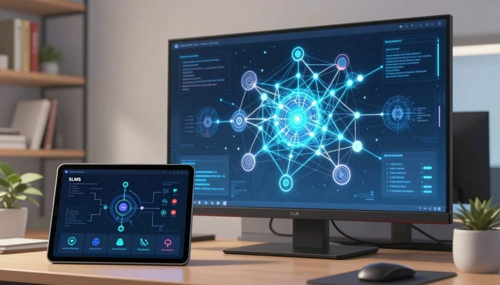 A visually striking comparison between Small Language Models (SLMs) and Large Language Models (LLMs), set in a modern, high-tech office environment. In the foreground, a sleek digital tablet displaying visualizations of data flow for SLMs, surrounded by small icons representing privacy features. In the middle, a large, vibrant screen showcasing complex neural network diagrams for LLMs, depicted with a web of interconnected nodes. The background features shelves with AI-related books and minimalistic decor, emphasizing a sophisticated atmosphere. Use soft, diffused lighting to create a focused, intellectual mood. The perspective is slightly angled from above, framing both displays as central focal points, without any text or overlays, ensuring a clean professional aesthetic. A visually striking comparison between Small Language Models (SLMs) and Large Language Models (LLMs), set in a modern, high-tech office environment. In the foreground, a sleek digital tablet displaying visualizations of data flow for SLMs, surrounded by small icons representing privacy features. In the middle, a large, vibrant screen showcasing complex neural network diagrams for LLMs, depicted with a web of interconnected nodes. The background features shelves with AI-related books and minimalistic decor, emphasizing a sophisticated atmosphere. Use soft, diffused lighting to create a focused, intellectual mood. The perspective is slightly angled from above, framing both displays as central focal points, without any text or overlays, ensuring a clean professional aesthetic.