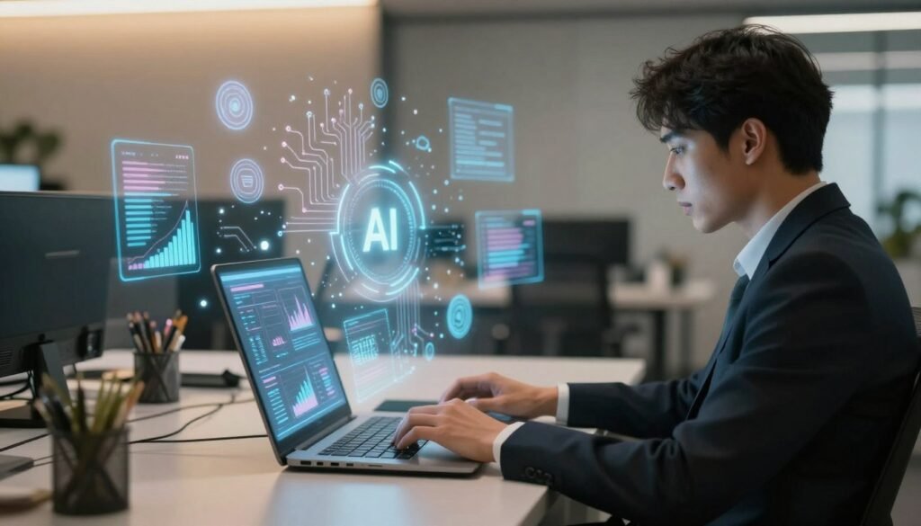 A visually striking image depicting the careful management of AI interaction in a modern workspace. In the foreground, a person in professional attire sits at a sleek desk, intently observing a holographic interface displaying data analytics and AI metrics, symbolizing control over technology. In the middle ground, various AI elements like graphs, circuit patterns, and digital icons swirl around, suggesting interaction and engagement with AI tools. The background features softly blurred office elements, creating a professional yet slightly chaotic atmosphere. Soft, warm lighting casts a gentle glow over the scene, emphasizing the human element while hinting at the overwhelming presence of technology. The mood reflects a sense of caution and awareness, illustrating the themes of dependency and the importance of moderation in technology use. A visually striking image depicting the careful management of AI interaction in a modern workspace. In the foreground, a person in professional attire sits at a sleek desk, intently observing a holographic interface displaying data analytics and AI metrics, symbolizing control over technology. In the middle ground, various AI elements like graphs, circuit patterns, and digital icons swirl around, suggesting interaction and engagement with AI tools. The background features softly blurred office elements, creating a professional yet slightly chaotic atmosphere. Soft, warm lighting casts a gentle glow over the scene, emphasizing the human element while hinting at the overwhelming presence of technology. The mood reflects a sense of caution and awareness, illustrating the themes of dependency and the importance of moderation in technology use.