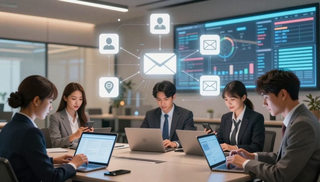 A visually striking representation of a multichannel and multimodal experience, showcasing different digital interactions. In the foreground, a diverse group of professionals in business attire engaged with various devices: tablets, smartphones, and laptops. The middle ground features digital icons and flowcharts that illustrate connectivity between channels, such as social media, websites, and emails, symbolizing seamless communication. The background is a futuristic office setting with large screens displaying analytics and data visualizations. Soft, ambient lighting creates a professional yet inviting atmosphere, using a warm color palette. The angle captures the dynamic interactions among the individuals, emphasizing teamwork and innovation in a modern digital landscape. A visually striking representation of a multichannel and multimodal experience, showcasing different digital interactions. In the foreground, a diverse group of professionals in business attire engaged with various devices: tablets, smartphones, and laptops. The middle ground features digital icons and flowcharts that illustrate connectivity between channels, such as social media, websites, and emails, symbolizing seamless communication. The background is a futuristic office setting with large screens displaying analytics and data visualizations. Soft, ambient lighting creates a professional yet inviting atmosphere, using a warm color palette. The angle captures the dynamic interactions among the individuals, emphasizing teamwork and innovation in a modern digital landscape.