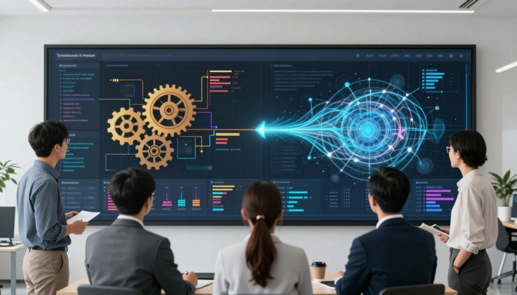 In a modern, sleek office environment, a side-by-side comparison illustrates traditional AI methods and auto-optimizable models. In the foreground, a diverse group of three professionals, dressed in tailored business attire, gather around a large digital screen displaying intricate graphs and data flow charts. The middle layer features a clear visual split: on one side, traditional AI represented by analog gears and hard-coded data structures; on the other, modern auto-optimizable models depicted with flowing digital networks and dynamic algorithms. The background shows a bright, tech-savvy workspace with subtle abstract shapes representing innovation and progress. Soft, natural lighting bathes the scene, creating an atmosphere of collaboration and forward-thinking, captured from a slightly overhead angle to provide depth and perspective. In a modern, sleek office environment, a side-by-side comparison illustrates traditional AI methods and auto-optimizable models. In the foreground, a diverse group of three professionals, dressed in tailored business attire, gather around a large digital screen displaying intricate graphs and data flow charts. The middle layer features a clear visual split: on one side, traditional AI represented by analog gears and hard-coded data structures; on the other, modern auto-optimizable models depicted with flowing digital networks and dynamic algorithms. The background shows a bright, tech-savvy workspace with subtle abstract shapes representing innovation and progress. Soft, natural lighting bathes the scene, creating an atmosphere of collaboration and forward-thinking, captured from a slightly overhead angle to provide depth and perspective.