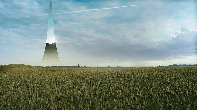 space elevator, building, glass building, reflection, sky, 2027 future, future building, future skyscraper, future space elevator, futuristic architecture, crop field, cornfield, nature, jet, landscape, future landscape, futuristic, surreal, surrealism, michael lg hiraeth, blue future