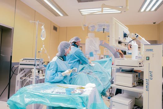 Surgical team in Baku, Azerbaijan operating room with advanced equipment and sterile environment. exame 