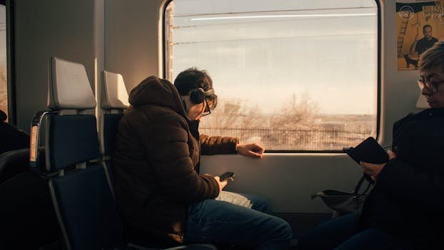 Passengers in a train enjoying a scenic view of Madrid, Spain. aprender