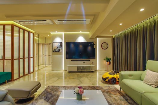 Elegant living room with modern interior design, featuring marble floors and ambient lighting. smart
