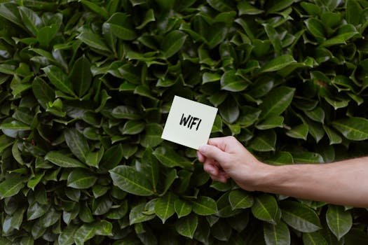 A hand holding a note with 'WiFi' in front of lush green leaves, outdoor scene. wi-fi 7