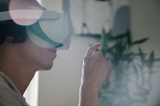 Young man engaging with virtual reality headset indoors, experiencing immersive technology. metaverso