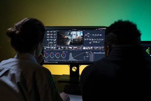 Team of two professionals video editing in a modern setup with dual monitors. veo
