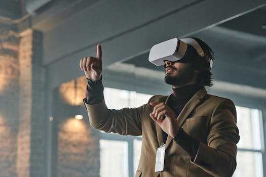 Businessman engaging with virtual reality technology indoors, pointing finger. metaverso