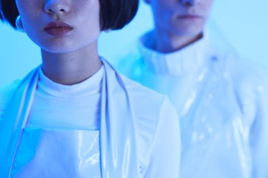 Stylish futuristic fashion photoshoot with models under blue lighting, showcasing modern aesthetics. roupa